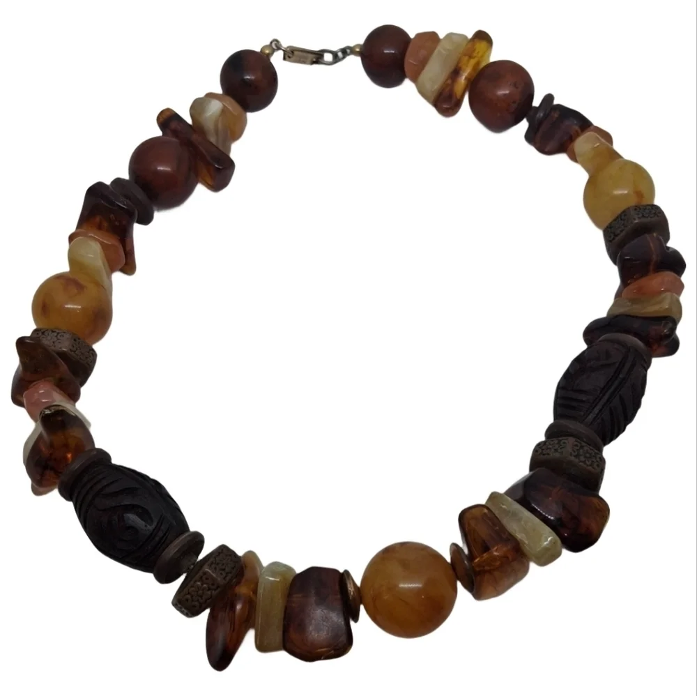 Vintage Carol Dauplaise Carved Wood & Faux Amber Chunky Statement Necklace